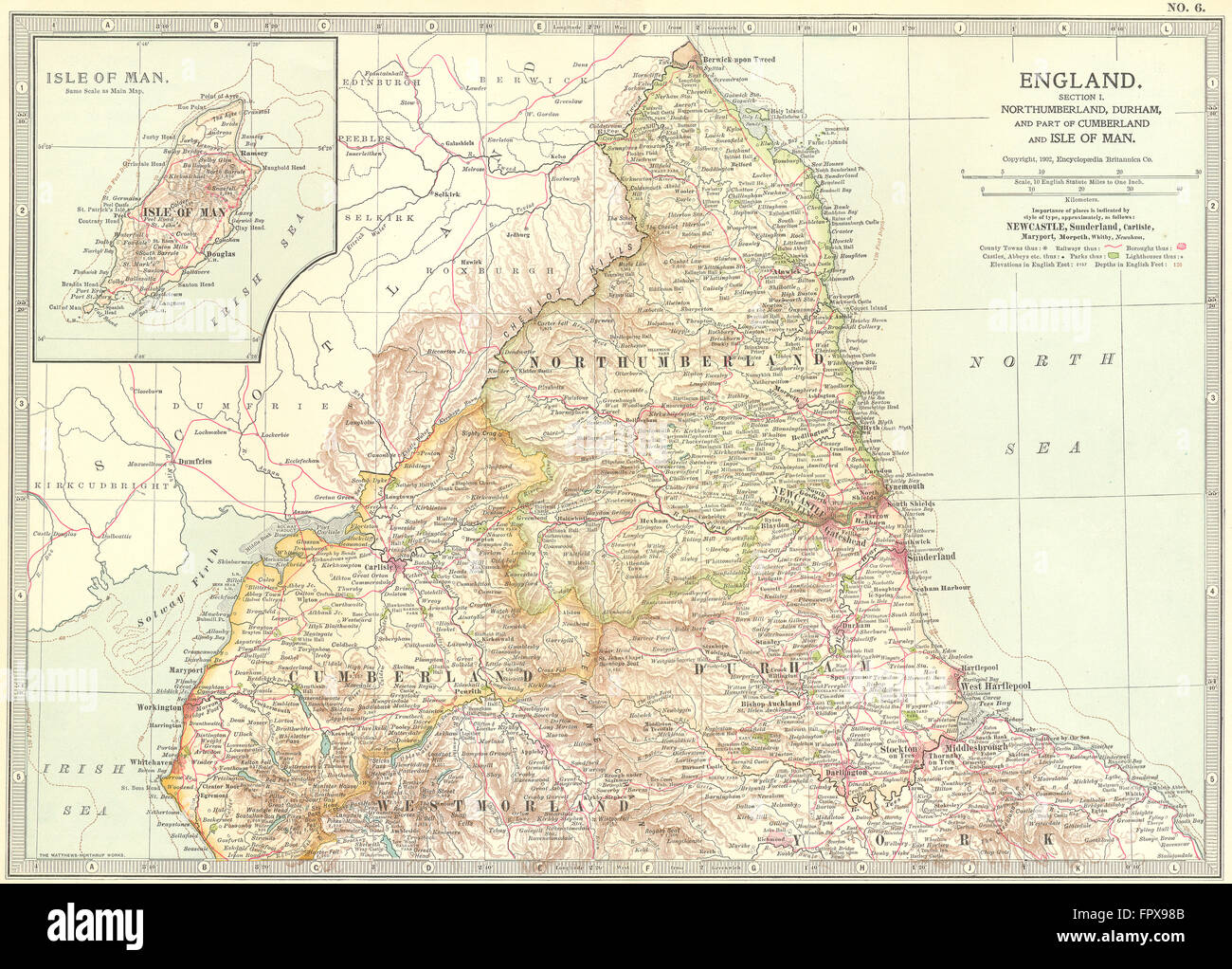 ENGLAND: Northumbs Durham Cumbria Isle Of Man, 1903 Antike Landkarte Stockfoto
