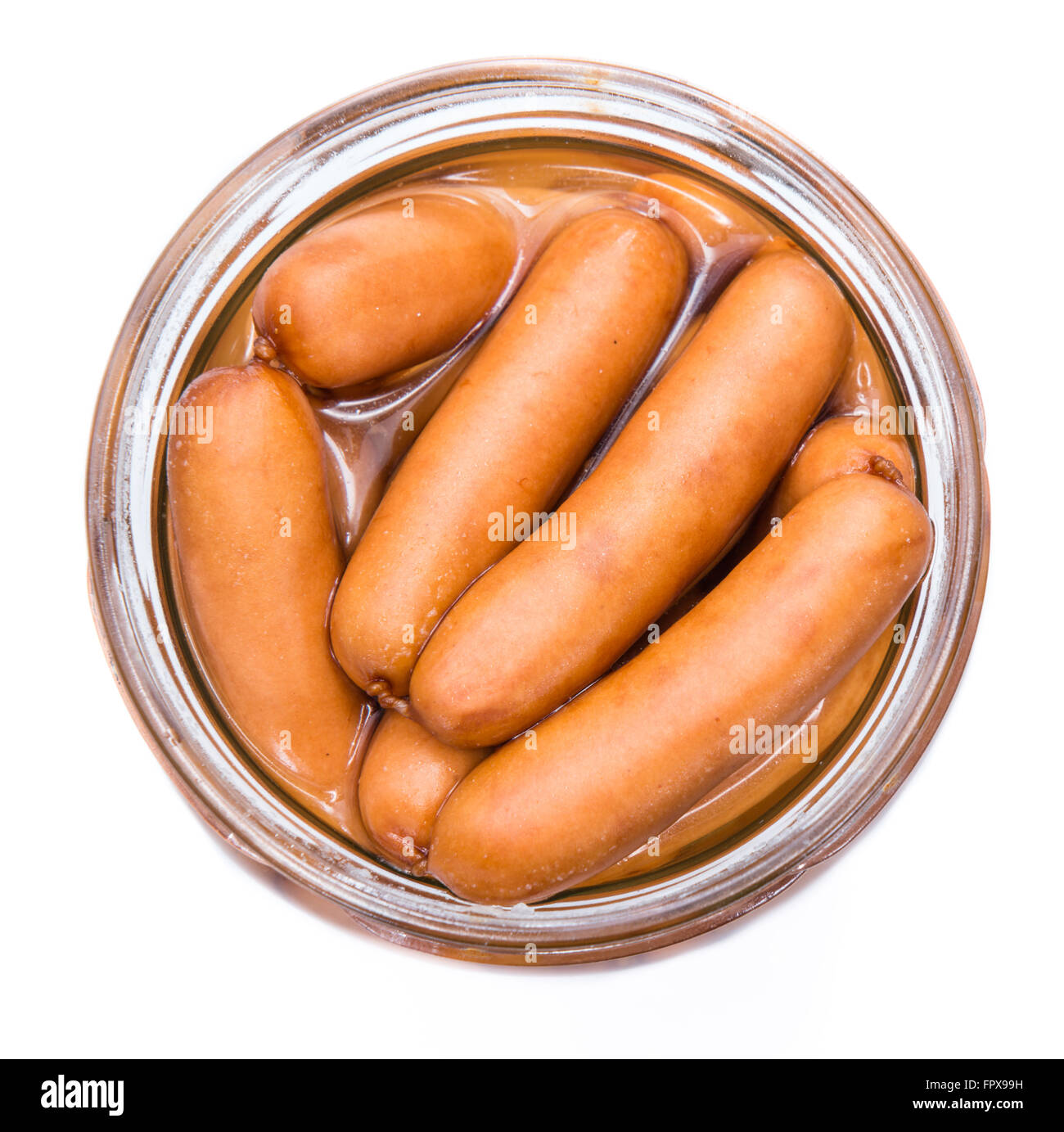 Einige Mini-Würstchen auf reinen weißen Hintergrund isoliert Stockfoto