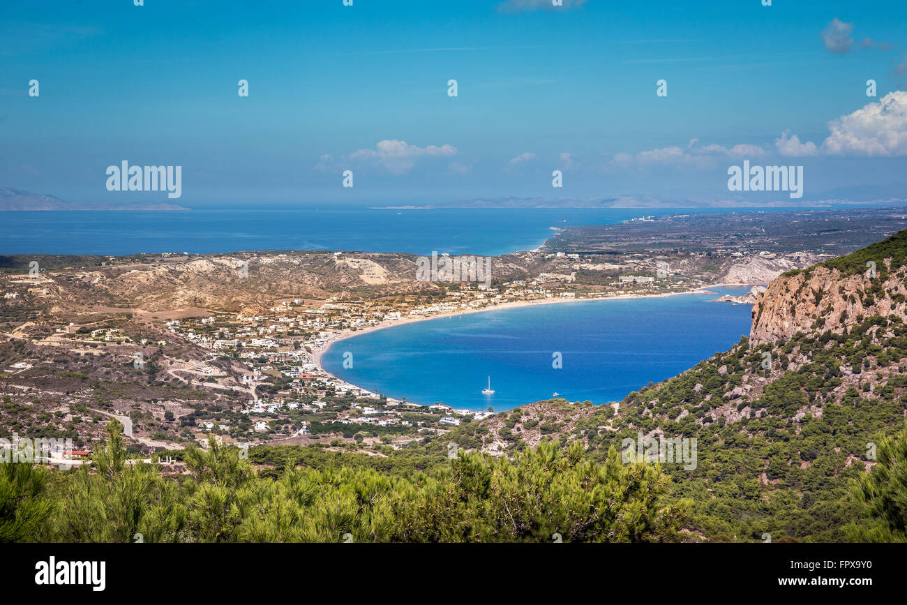 Luftbild auf Dorf Kefalos und Küste auf der Insel Kos, Griechenland Stockfoto