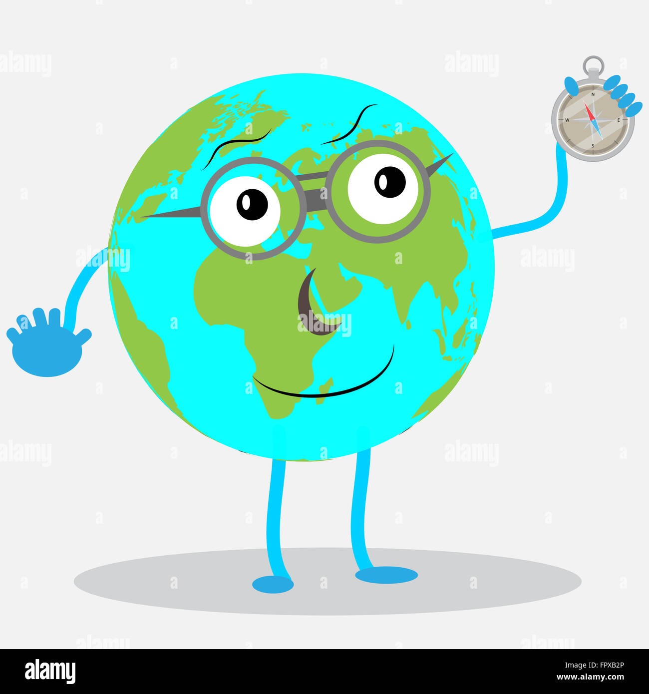 Charakter-Globus mit Compas. Erde Cartoon, globale Planet Welt, Symbol Person, Karte und Kompass. Abstrakte flache Vektorgrafik Stockfoto