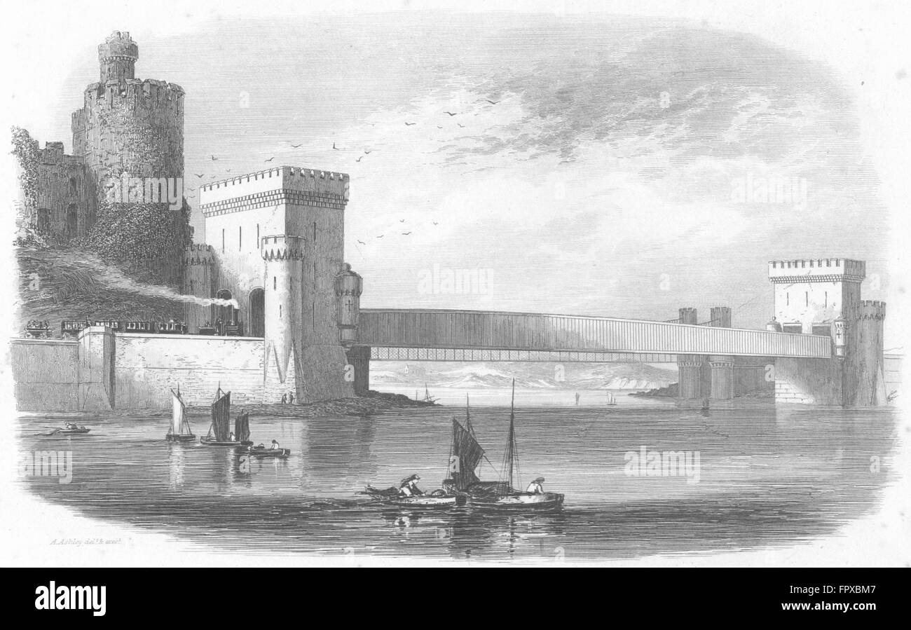 ANGLESEY: Conway röhrenförmige Brücke: Wright Ashley: Zug, antiken print 1860 Stockfoto