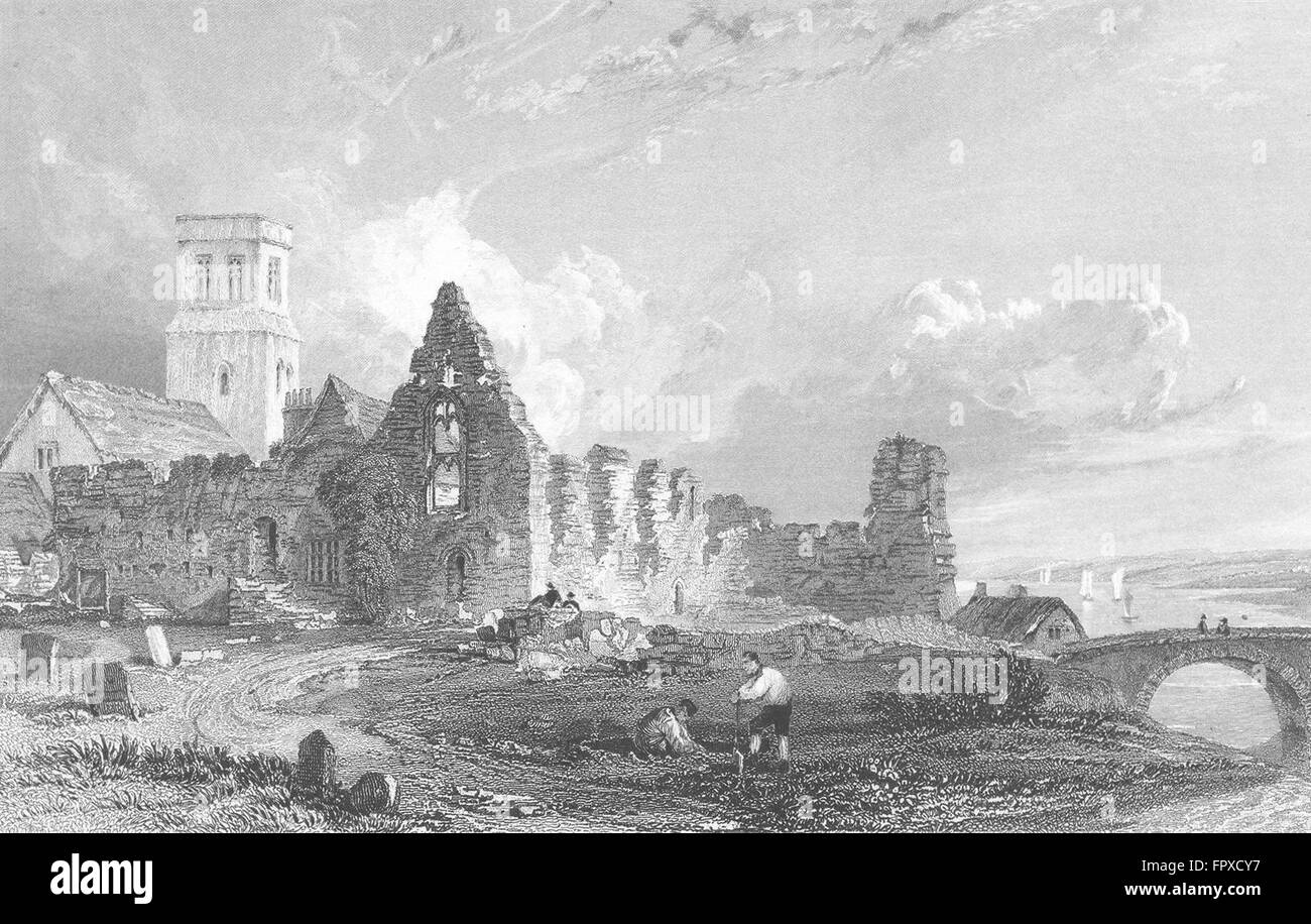 JARROW: Tyne: Allom: Kloster Ruinen Grabsteine, antique print 1832 Stockfoto