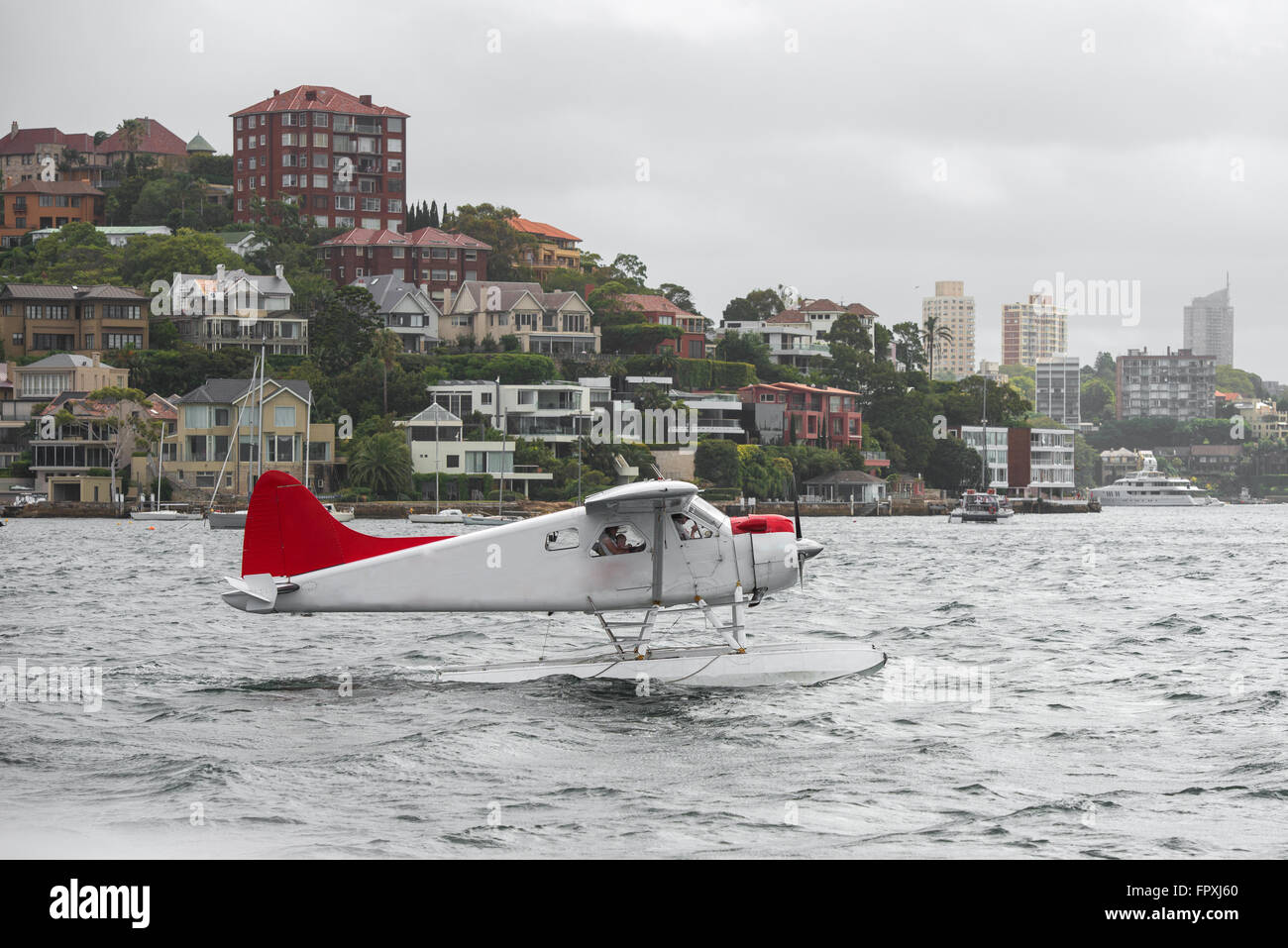 Wasserflugzeug im Hafen von Sydney an den Start Stockfoto