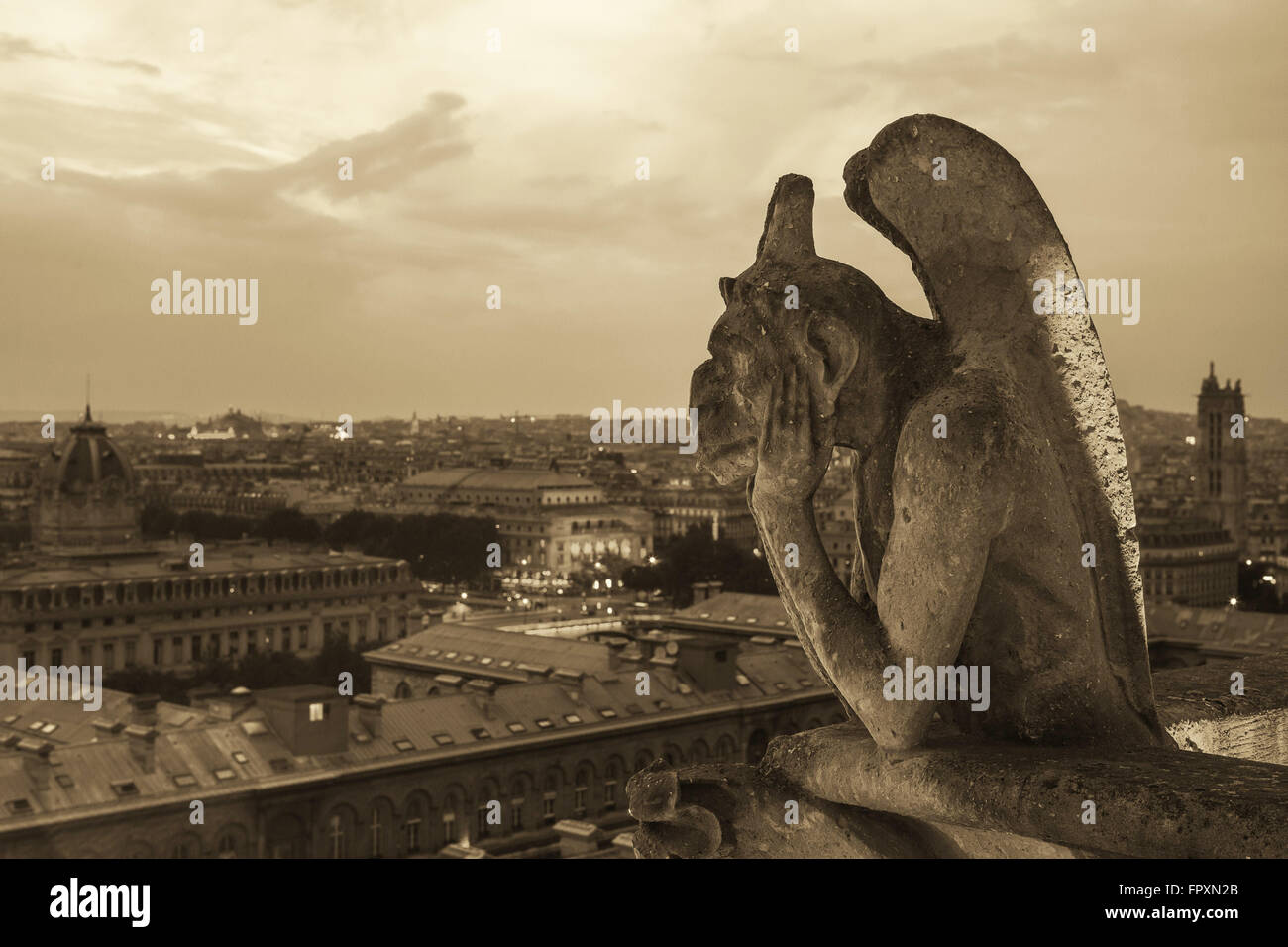 Wasserspeier an der Notre Dame Kathedrale und die Stadt von Paris, Frankreich Stockfoto