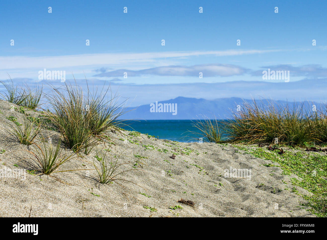 Blick auf Stewart Island über Foveaux Strait vom Strand in Howells Punkt - Riverton, Neuseeland Stockfoto