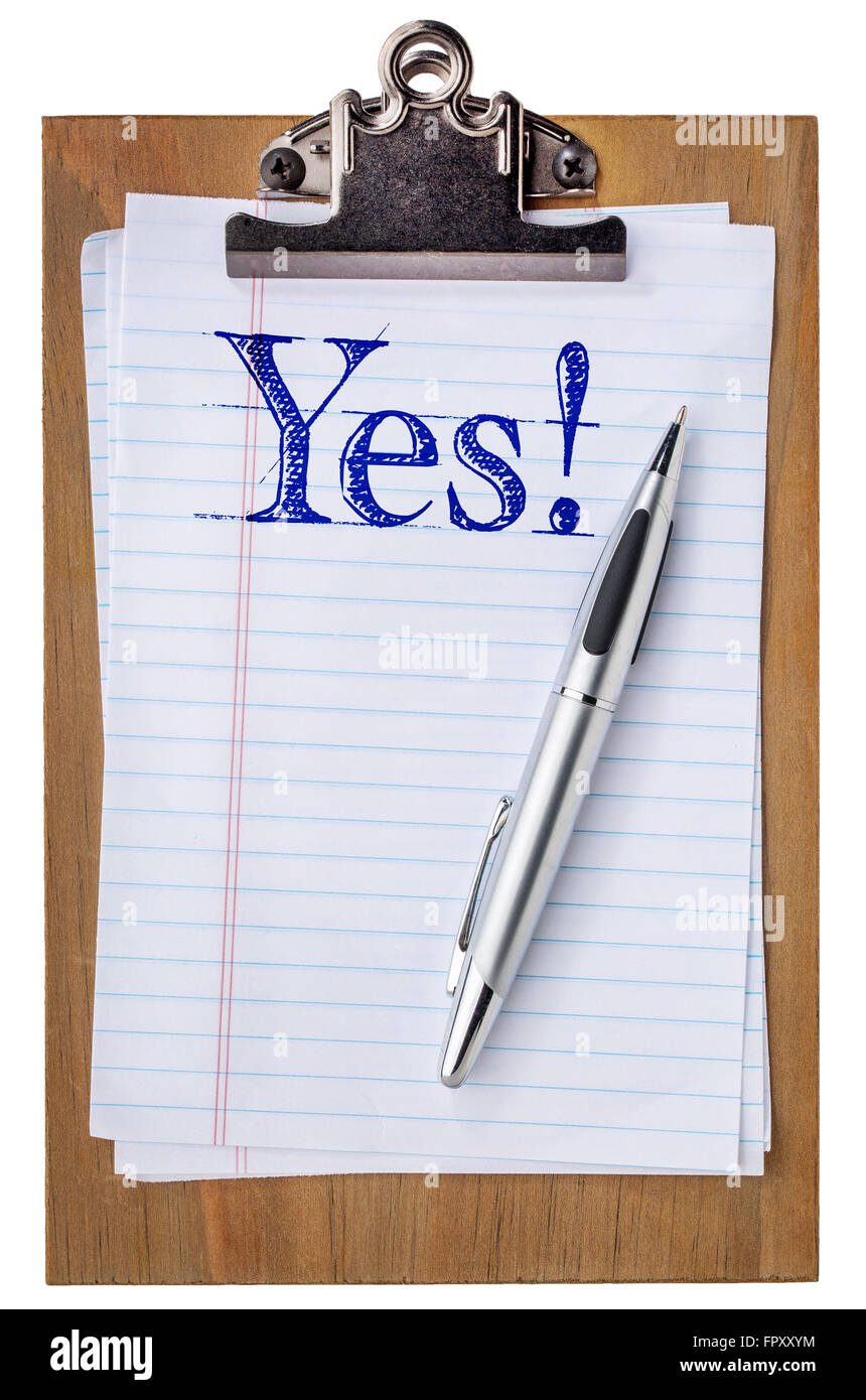 isolierte Holz Zwischenablage mit Papier und Stift ja Ausruf Handschrift Stockfoto