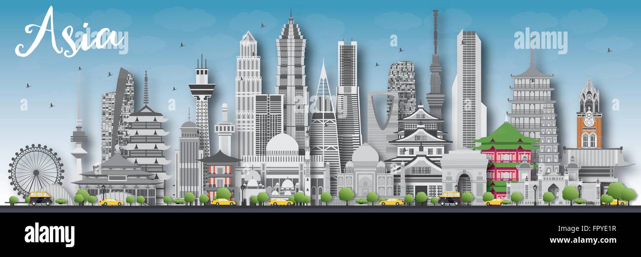 Asien Skyline Silhouette mit verschiedenen Sehenswürdigkeiten. Vektor-Illustration. Business-Reisen und Tourismus-Konzept mit Platz für Text. Stock Vektor