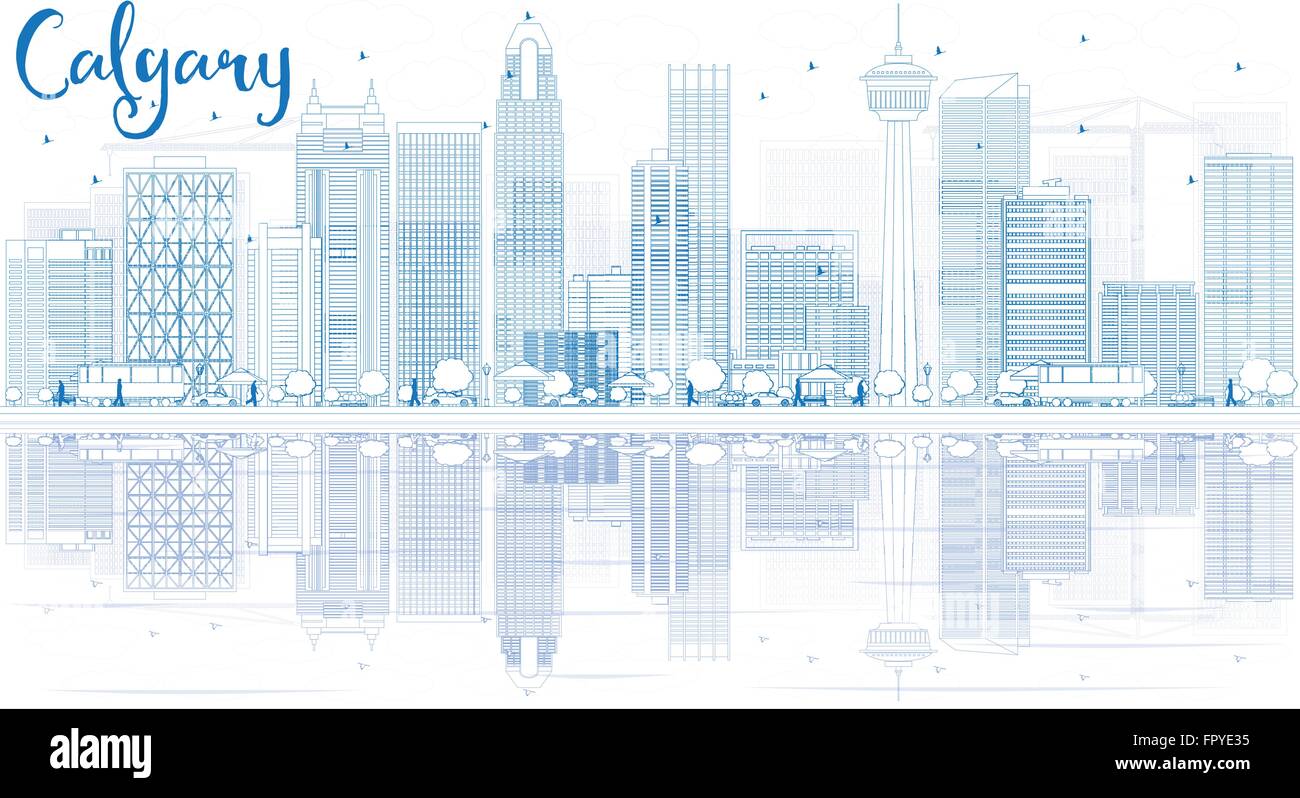 Skyline von Calgary Umriss mit blauen Gebäuden und Reflexionen. Vektor-Illustration. Business-Reisen und Tourismus-Konzept Stock Vektor