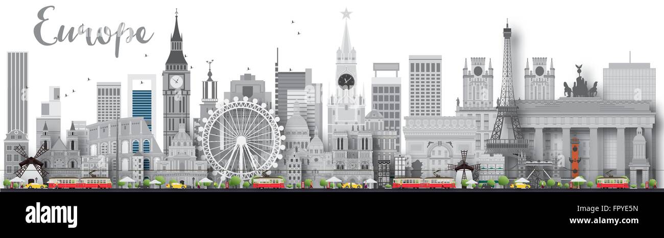 Europa Skyline Silhouette mit verschiedenen Sehenswürdigkeiten. Vektor-Illustration. Business-Reisen und Tourismus-Konzept mit Platz für text Stock Vektor