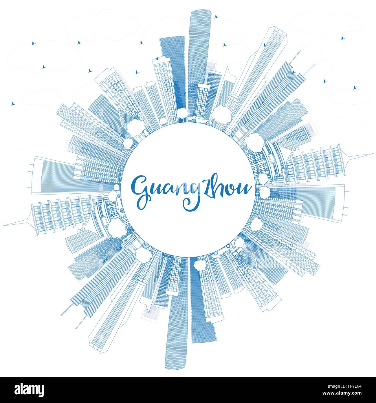 Umriss Guangzhou mit blauen Gebäuden und textfreiraum Skyline. Vektor-Illustration. Geschäftsreisen und Tourismus-Konzept Stock Vektor