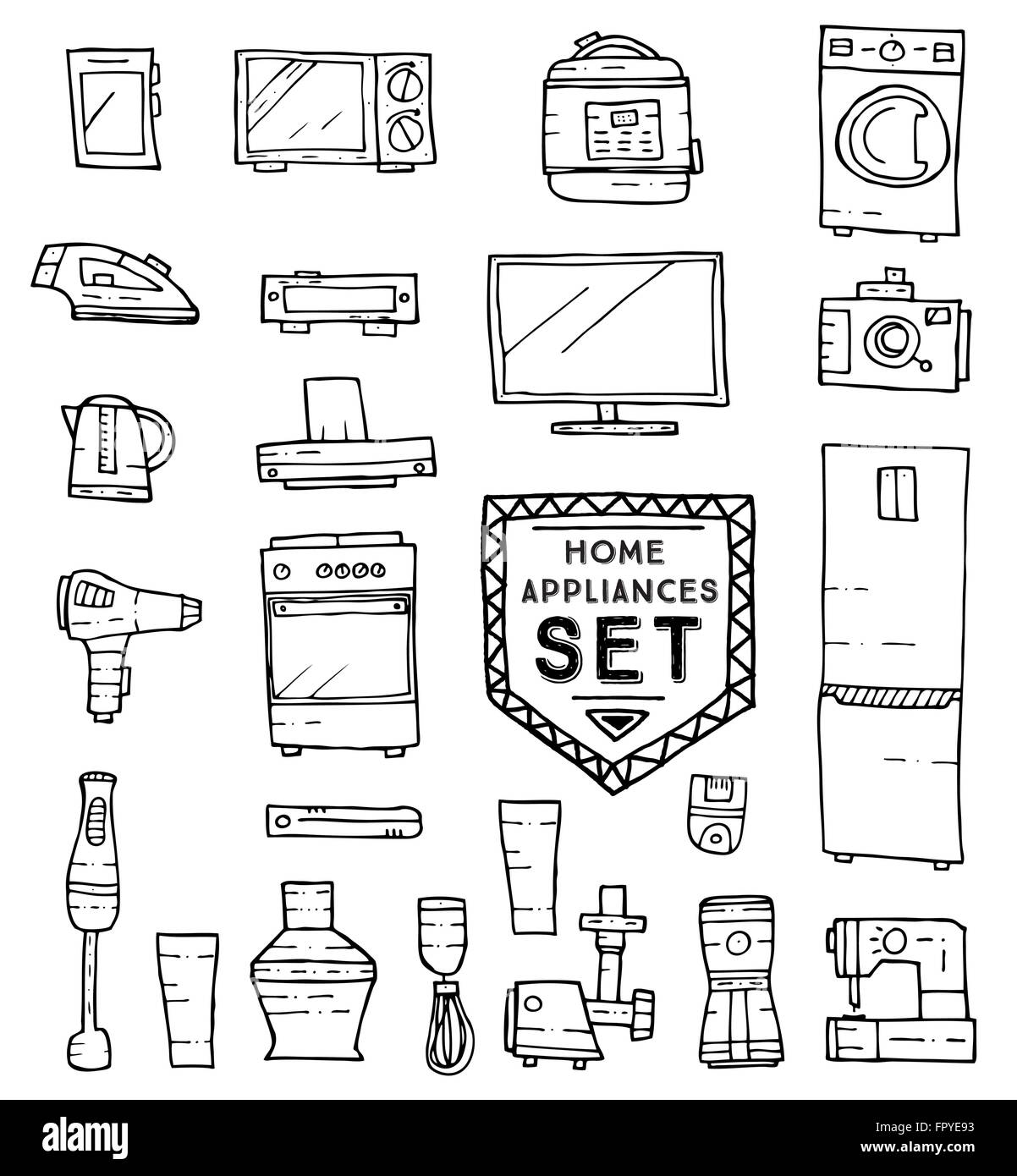Haushaltsgeräte doodle Set. Vektor-Illustration. Haushaltsgeräte und Einrichtungen isoliert auf weißem Hintergrund. Stock Vektor