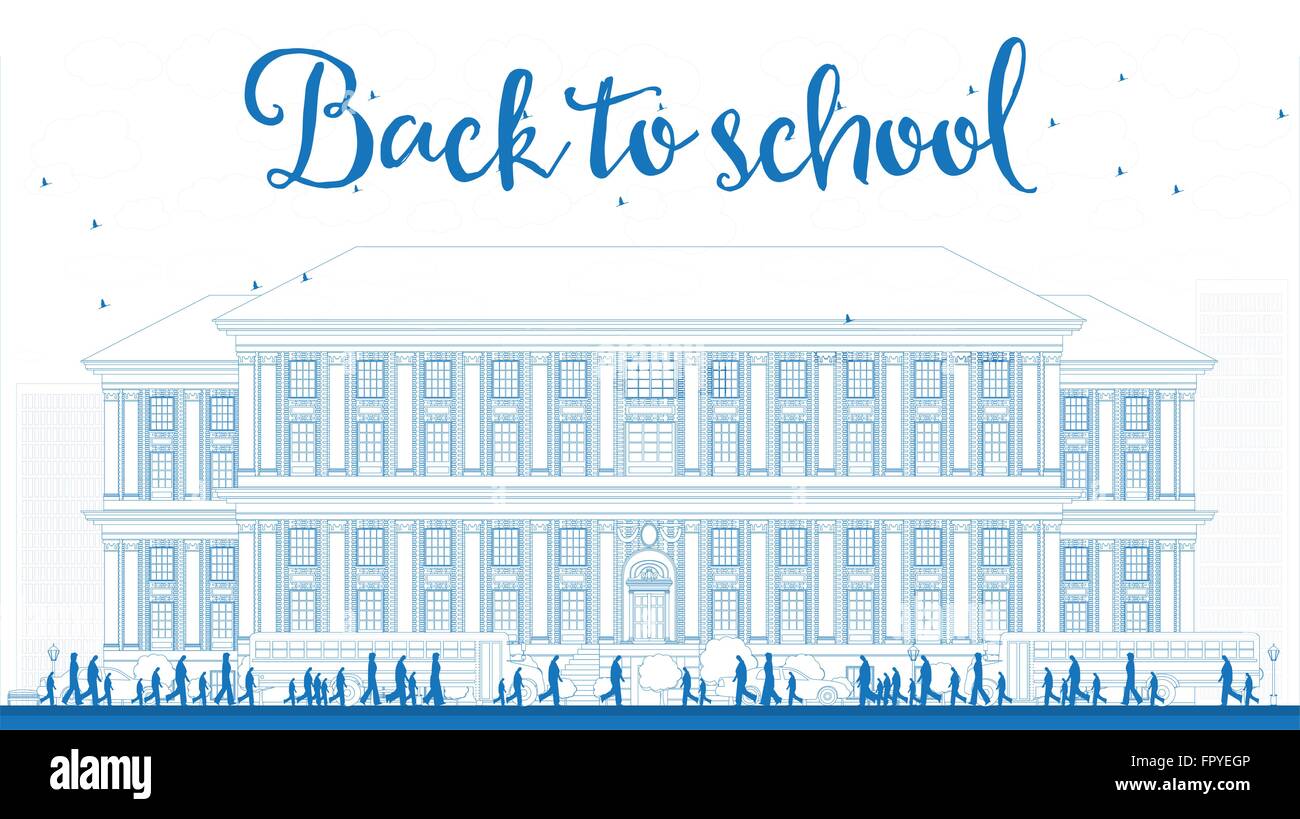 Landschaft mit Schulbus, Schulgebäude und Menschen zu skizzieren. Vektor-Illustration. Bildungskonzept mit Teil des Stadtlebens. Stock Vektor