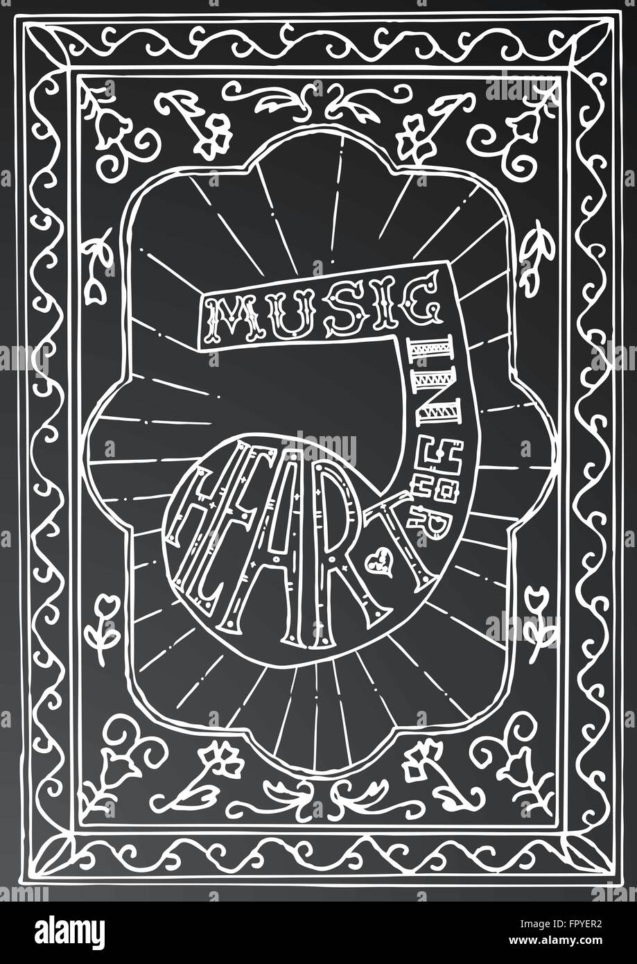 Musik in deinem Herzen. Handgezeichnete Schriftzug Design mit Musiknote und Rahmen auf schwarze Kreide an Bord. Typografie-Konzept für t-shirt Stock Vektor