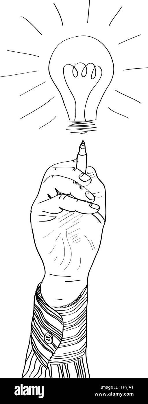 Hand eines Geschäftsmannes Zeichnung Glühbirne. Vektor-illustration Stock Vektor