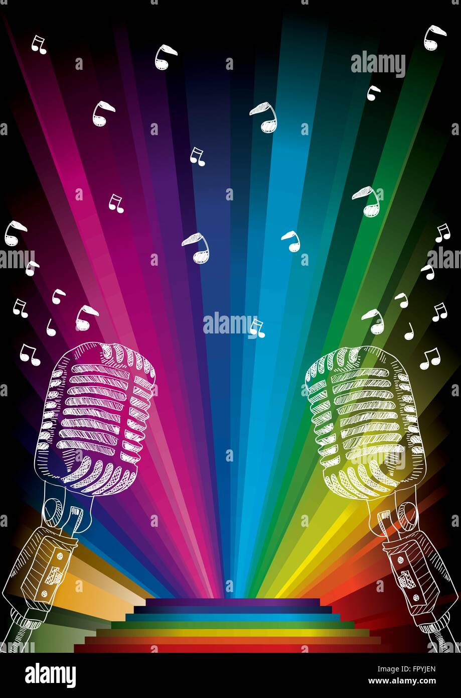 Vektor weiße Hand gezeichnete Mikrofon auf Regenbogen Hintergrund Stock Vektor