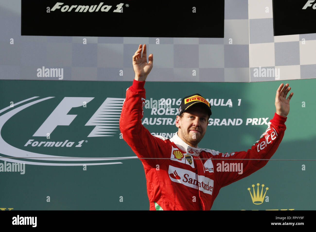 Melbourne, Australien. 20. März 2016. SEBASTIAN VETTEL Deutschlands und Scuderia Ferrari sieht man auf dem Podium nach dem 2016 Formel 1 Australian Grand Prix im Albert Park Circuit in Melbourne, Australien. © Daniele Paglino/ZUMA Draht/Alamy Live-Nachrichten Stockfoto