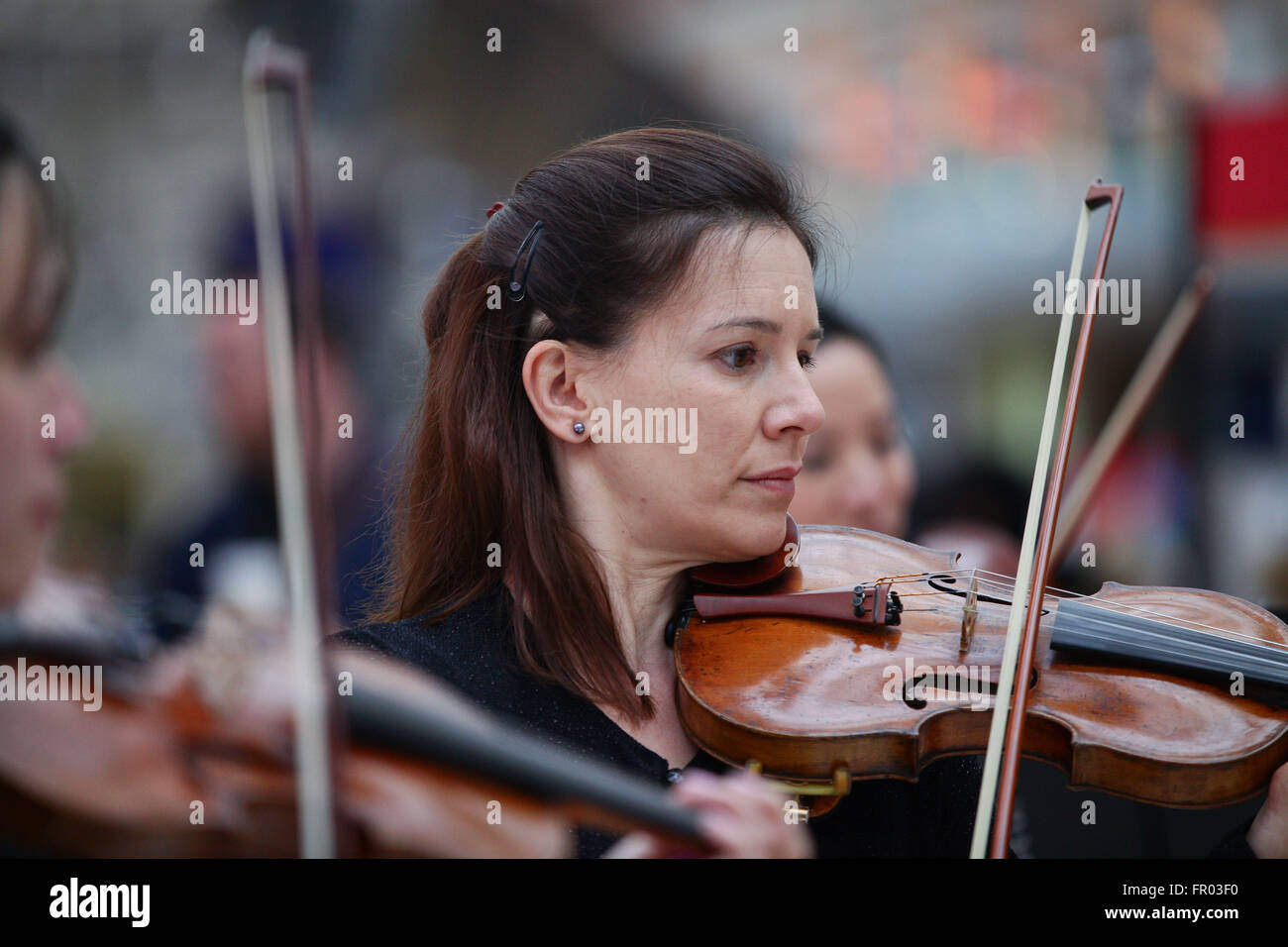 London, UK. 20. März 2016. Pendler an der Waterloo Station, London, werden zu einem Violinkonzert von Royal Orchester Gesellschaft Großbritanniens älteste Laienorchester Bachs Geburtstag behandelt. Bildnachweis: Dinendra Haria/Alamy Live-Nachrichten Stockfoto