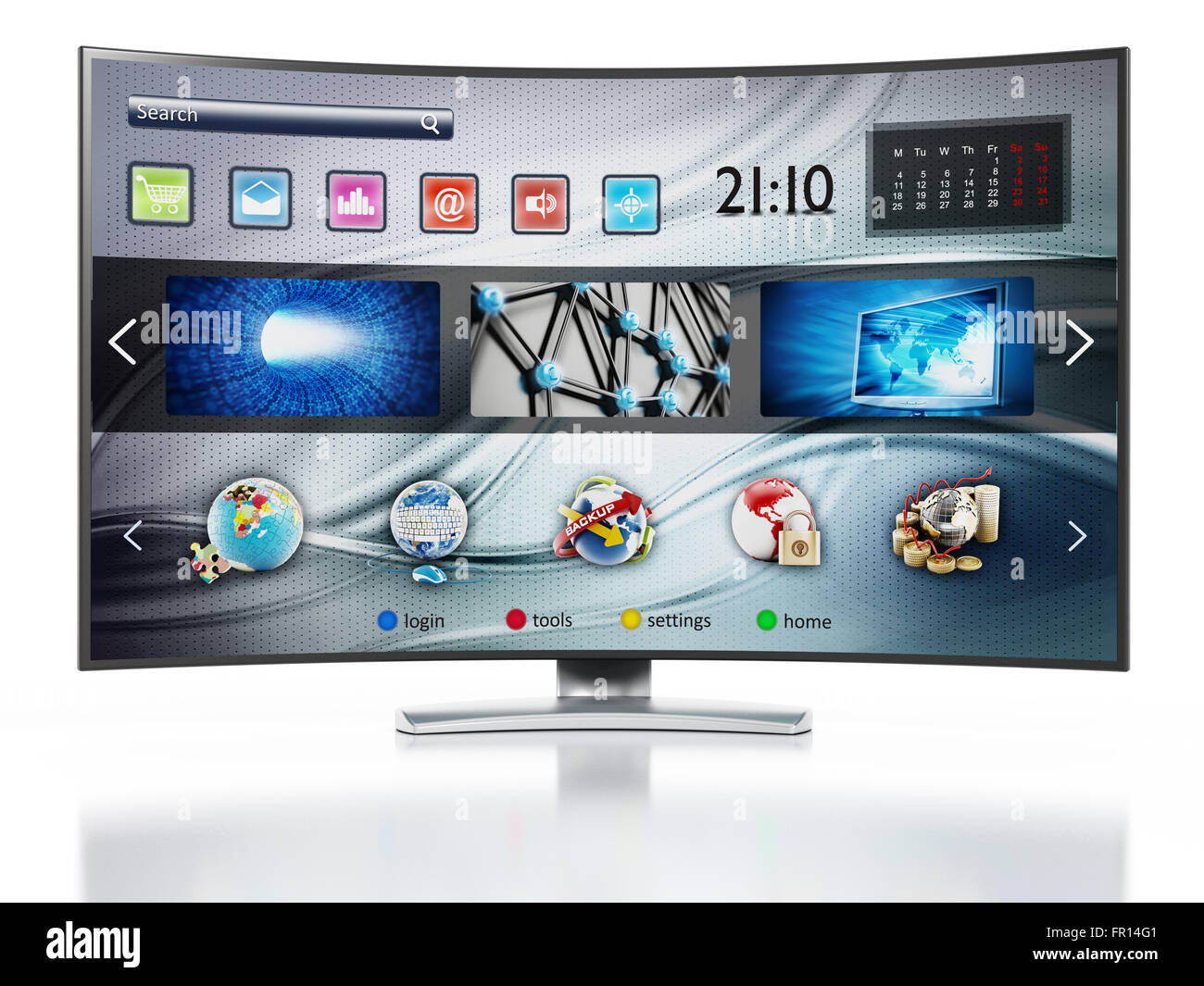 Smart TV mit fiktiven Interfacedesign Hauptbildschirm zeigen Stockfoto