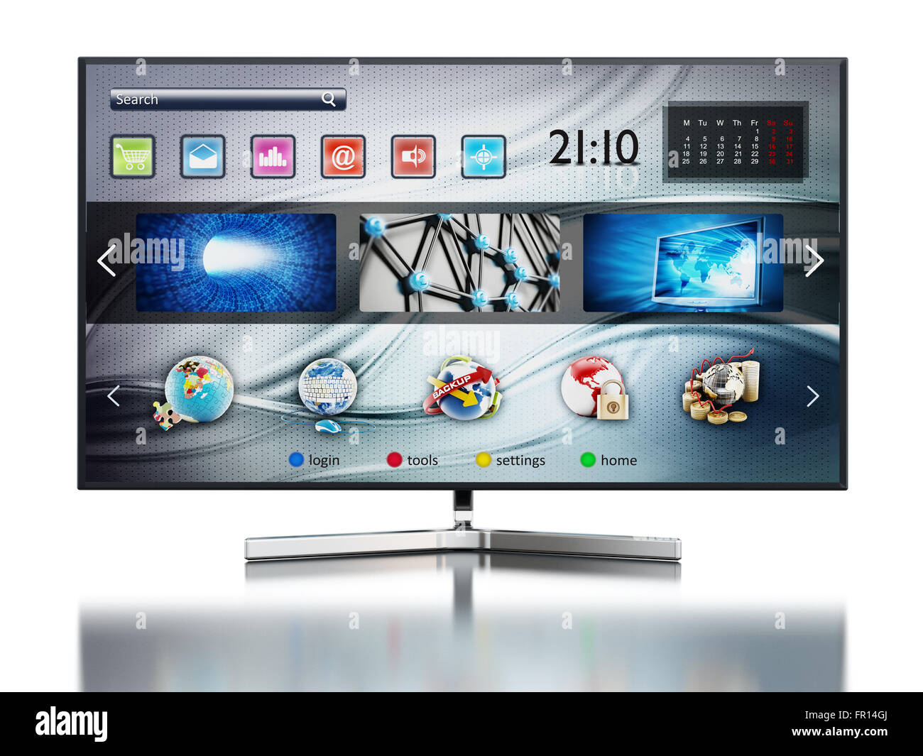 Smart TV mit fiktiven Interfacedesign Hauptbildschirm zeigen Stockfoto
