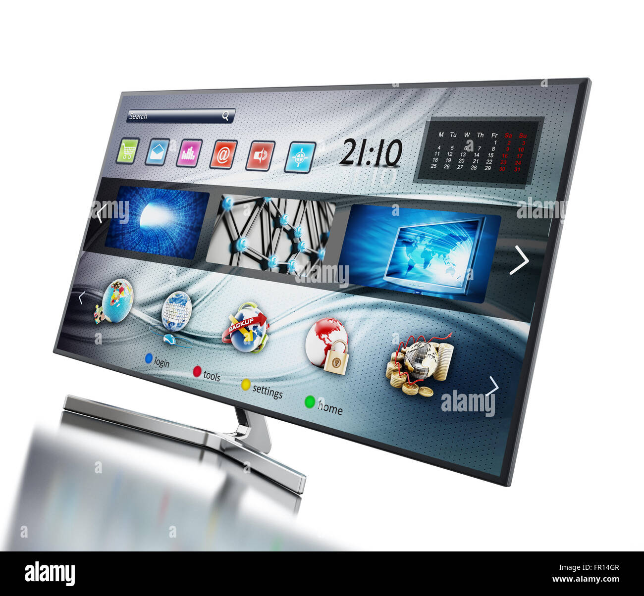 Smart TV mit fiktiven Interfacedesign Hauptbildschirm zeigen Stockfoto