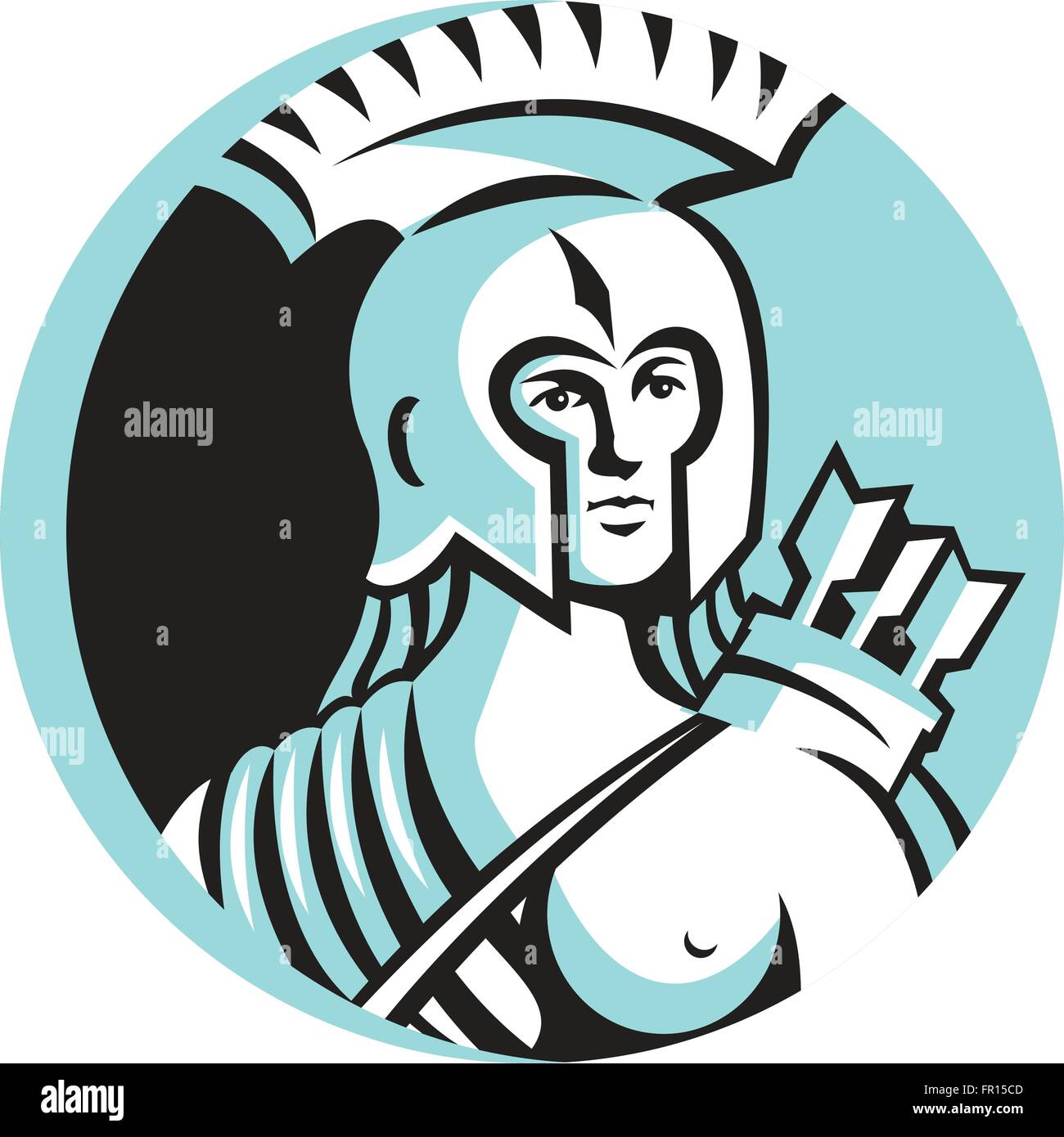 Abbildung einer Büste des Kriegerin mit spartan Helm mit Pfeilen geschlungen über die Schulter von vorne im inneren Kreis getan im retro-Stil angezeigt. Stock Vektor