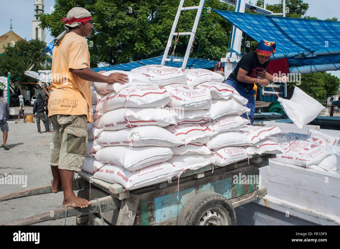 Arbeiter laden Säcke Weizen in einem Boot im Hafen von Paotere. Stockfoto