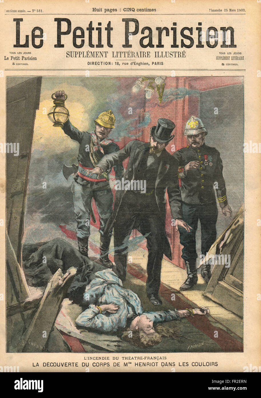 Nach dem Feuer. Die Entdeckung der Leiche von Miss Jane Henriot in den Korridoren der Comedie Francaise, Paris 1900. Französische illustrierte Zeitung Le Petit Parisien Illustration Stockfoto