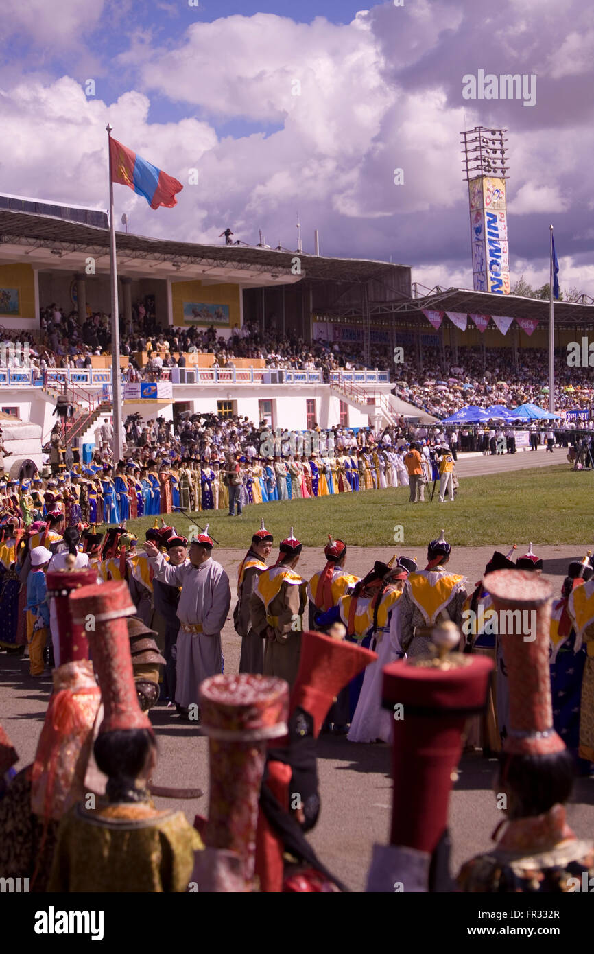 Eröffnungsfeier für das jährliche Naadam Festival, Ulaan Baatar, sind Ausdruck der mongolischen Tradition, Sport und Spiel. Stockfoto