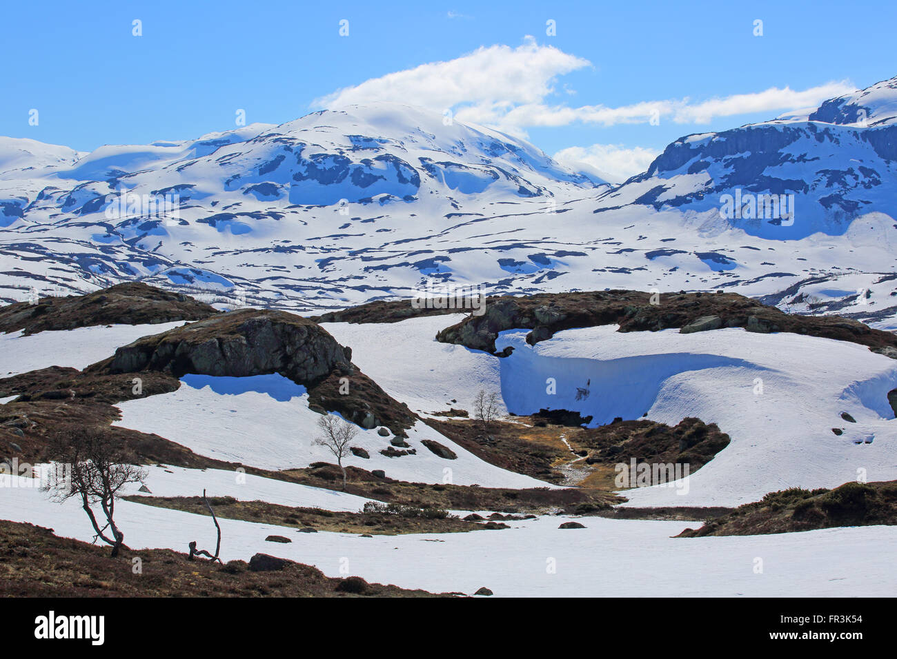 Frühlingstal Landschaft mit Bergen und schmelzendem Schnee, Norwegen Stockfoto