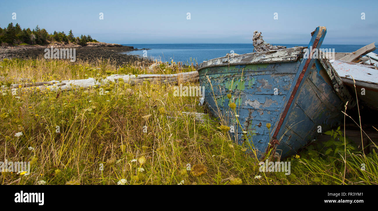 alten zerstörten Boot auf grasbewachsenen Küste in Prinz Eduard Insel Kanada Stockfoto