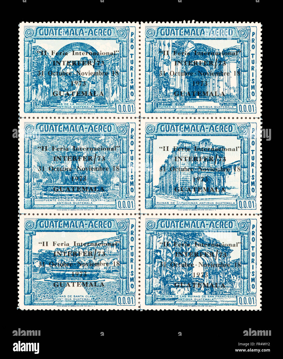 Briefmarken aus Guatemala mit Ruinen aus Antigua Erdbeben mit nicht autorisierten und bedingtes überdruckt. Stockfoto