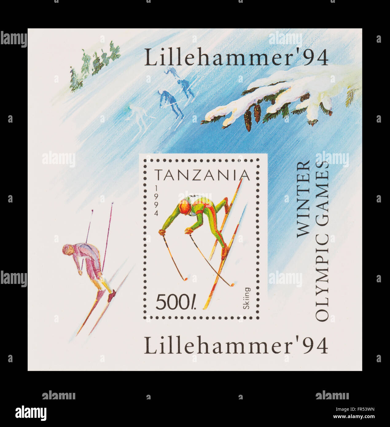 Sonderblock von Tansania Darstellung ein Langläufer ausgestellt für die Olympischen Winterspiele 1994 in Lillehammer. Stockfoto
