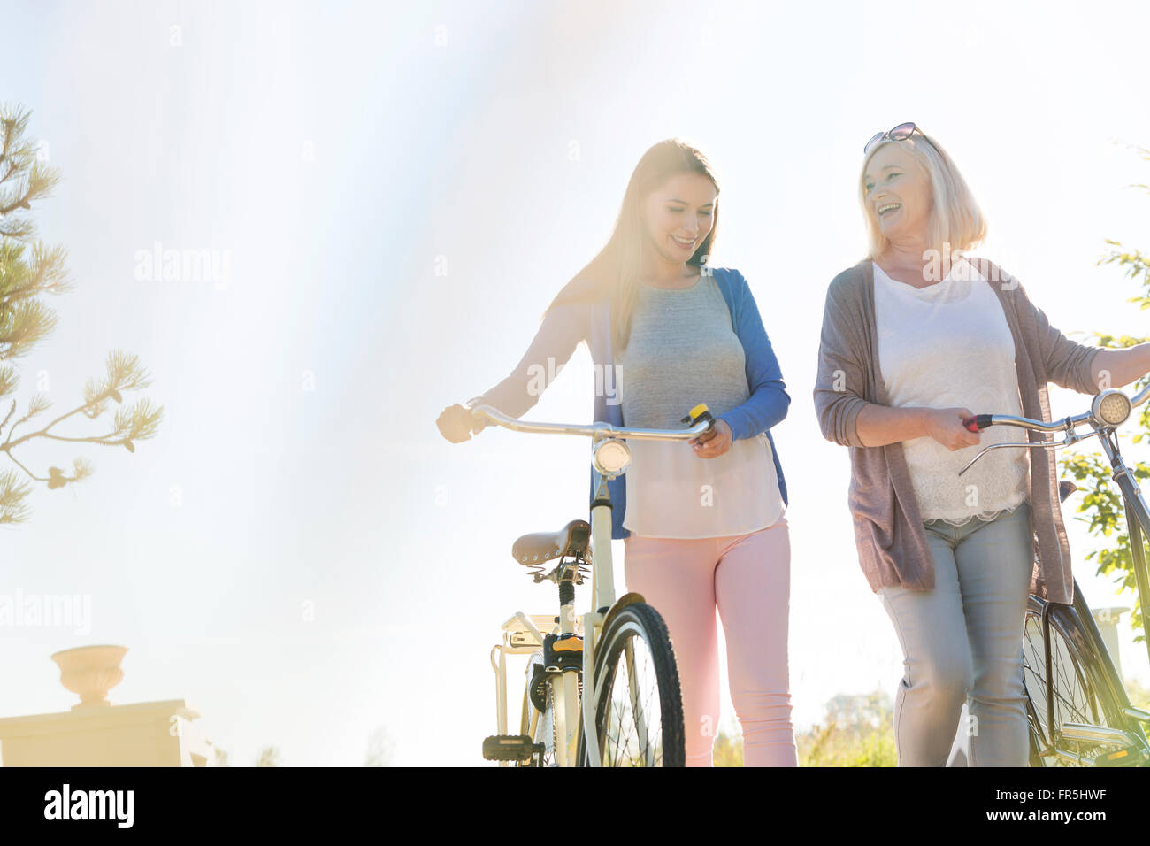 Mutter und Erwachsene Tochter Wandern Fahrräder Stockfoto