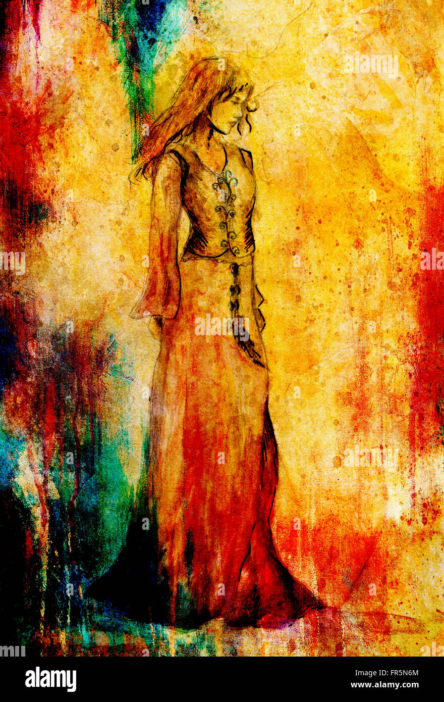 Skizze des mystischen Frau in schöne dekorative Kleid. Stockfoto