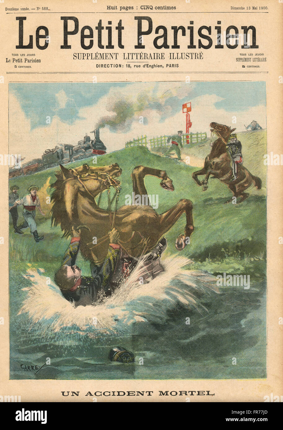 Tragischer Tod durch Train France 1900. Französische illustrierte Zeitung Le Petit Parisien Illustration Stockfoto