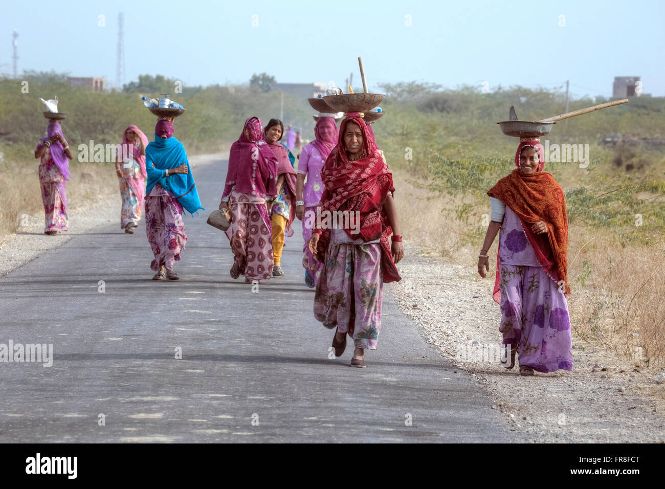 Frauen auf dem Weg zur Arbeit durch die Landschaft in der Nähe von Jodhpur, Indien Stockfoto
