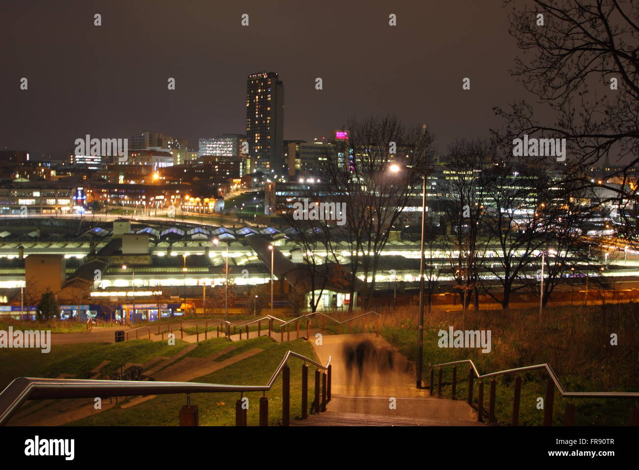 Die Skyline von Sheffield Stadtzentrum gesehen von Schritten durch South Street Park erhebt sich über der Stadt Hauptbahnhof UK Stockfoto