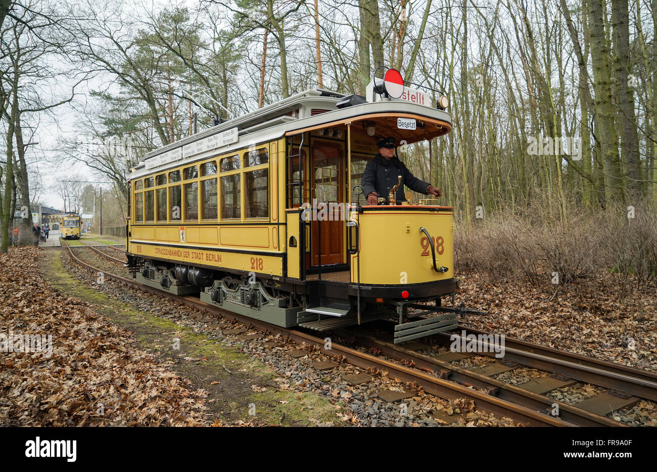 Woltersdorf Vintage Straßenbahn No.218 Rahnsdorf Terminus, Deutschland zu verlassen. Stockfoto