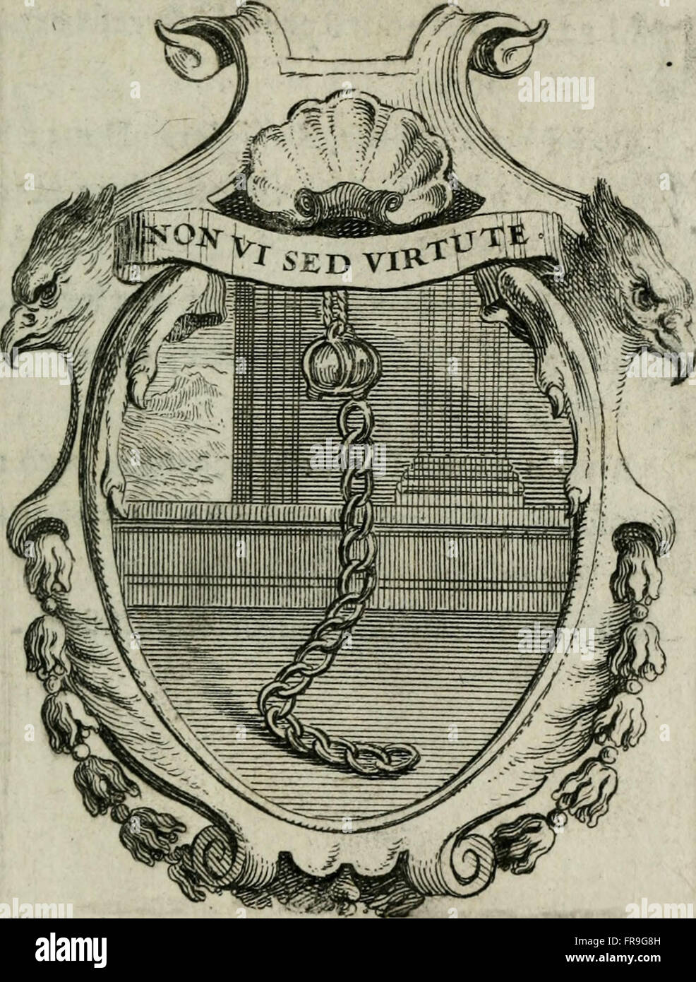 Le Triomphe de la Religion sous Louis le Grand (1687) ist ein historisches Werk, das die religiösen Triumphe während der Regierungszeit von König Ludwig XIV. Darstellt. Der Text enthält Inschriften sowie lateinische und französische Verse, die religiöse Themen und königliche Symbolismus erläutern. Stockfoto