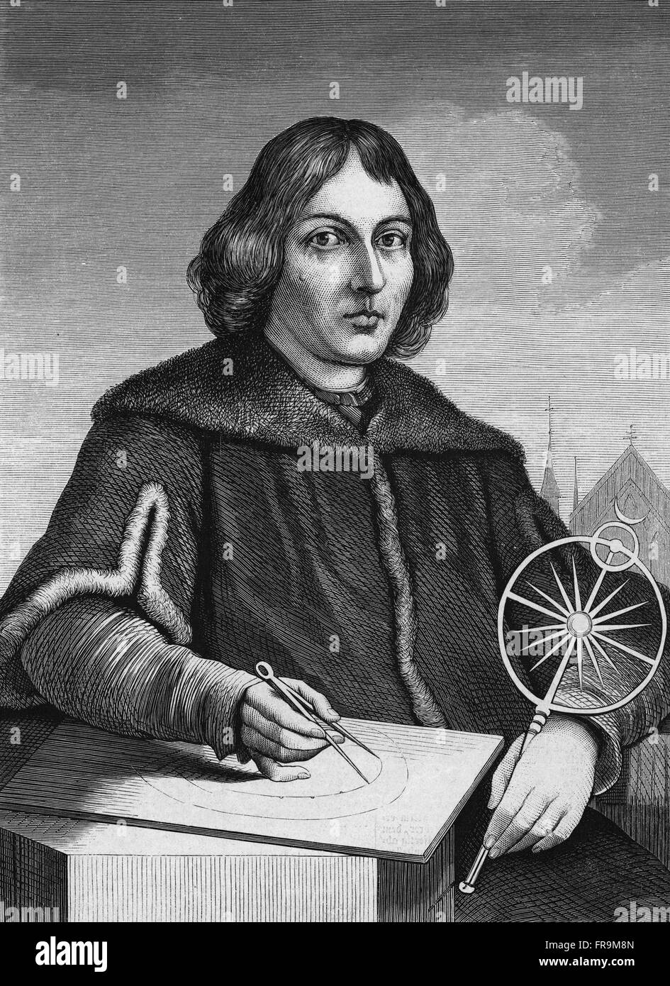 Porträt des Nicolaus Copernicus, Mathematiker und Astronom.  Nicolaus Copernicus - (19 Februar 1473 – 24 Mai 1543) war ein Renaissance-Mathematiker und Astronom formuliert ein Modell des Universums, die die Sonne platziert, anstatt die Erde im Zentrum des Universums. Stockfoto