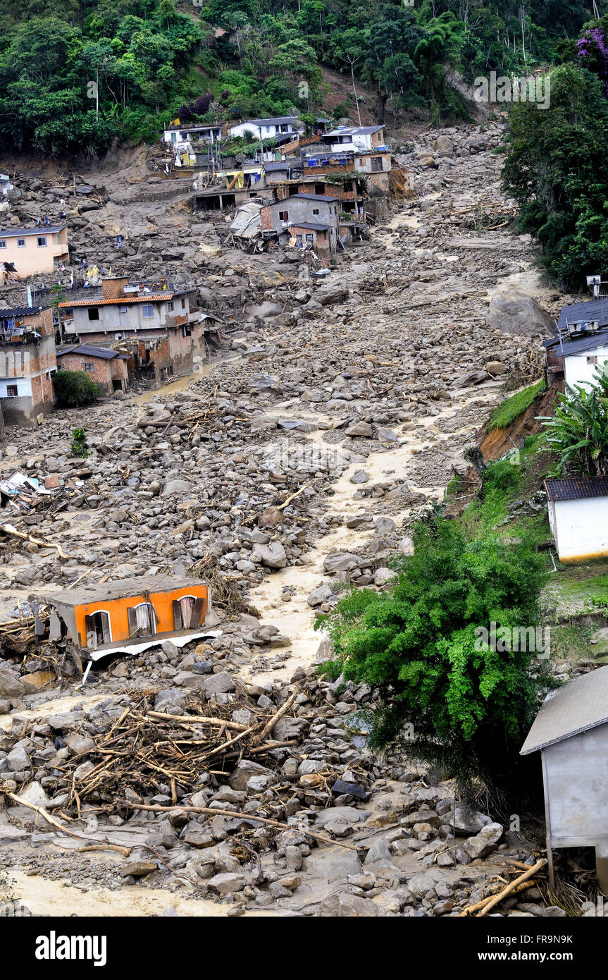 Luftbild von der Zerstörung der Stadt Teresopolis verursacht durch Erdrutsch Pisten Stockfoto