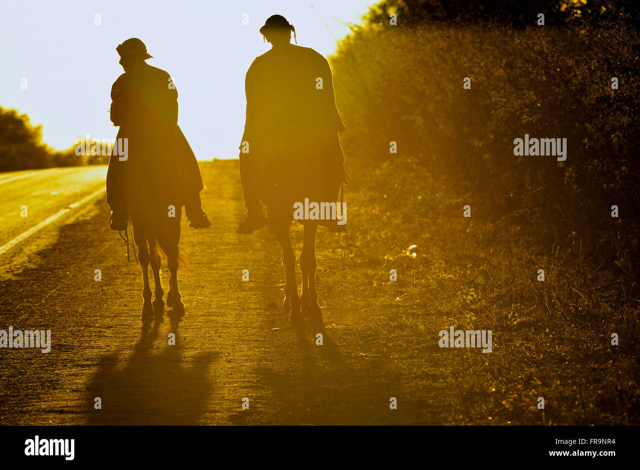 Sonnenuntergang und Cowboys Reiten auf dem Weg durch die Savanne Stockfoto