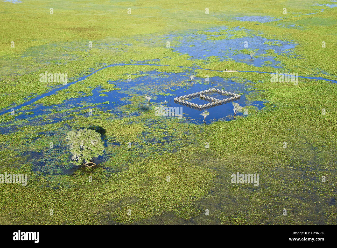 Luftaufnahme von überfluteten Bauernhof Corral der Periode des Regens - Pantanal Barao de Melgaco Stockfoto