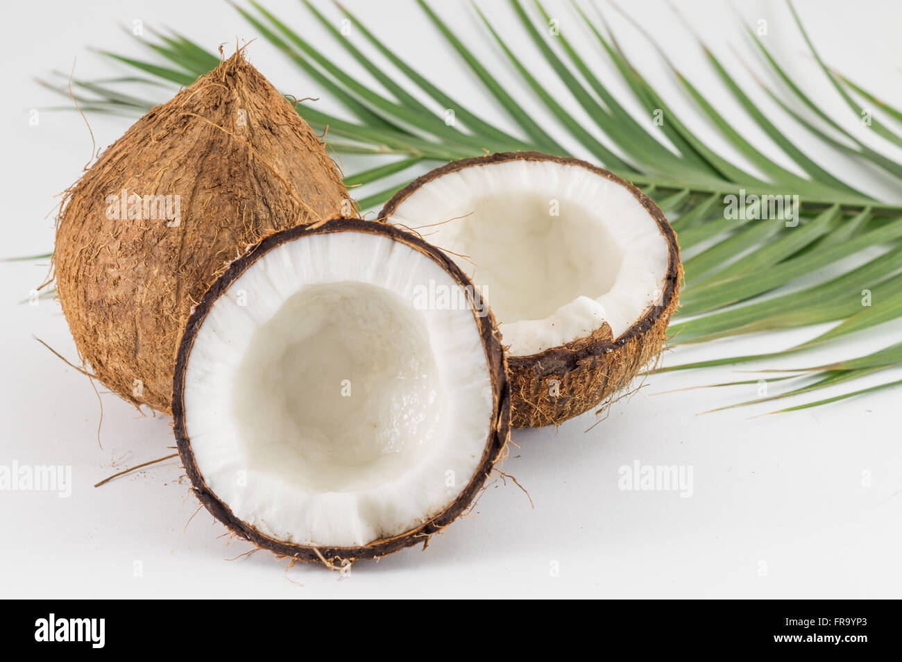 Halbierte und ganze frische Kokosnüsse mit Kokosnuss lässt auf weiß Stockfoto