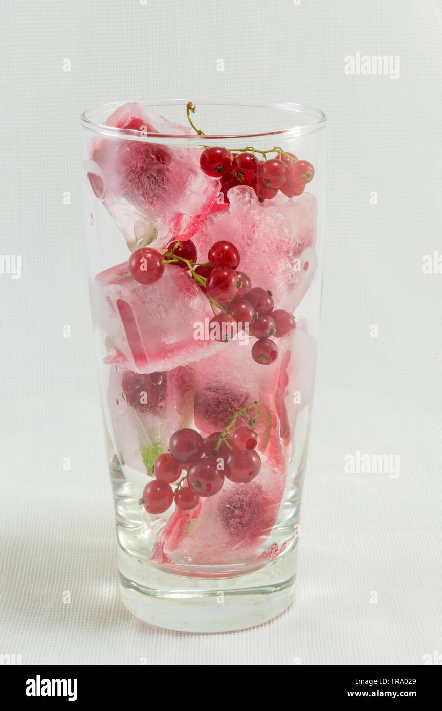 Beerenfrucht mit Eiswürfeln weiche rosa Hintergrund Stockfoto