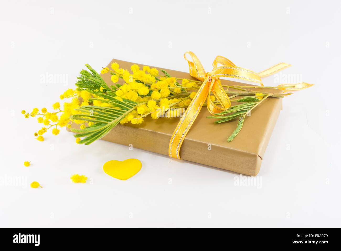 Bouquet von Mimose und verpackte Geschenk Stockfoto