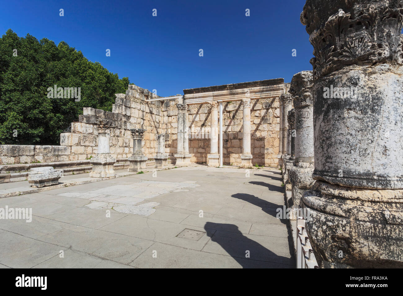 Ruine einer späten vierten Jahrhundert n. Chr. Synagoge mit Säulen und eine Wand vor einem blauen Himmel; Kafarnaum, Israel Stockfoto