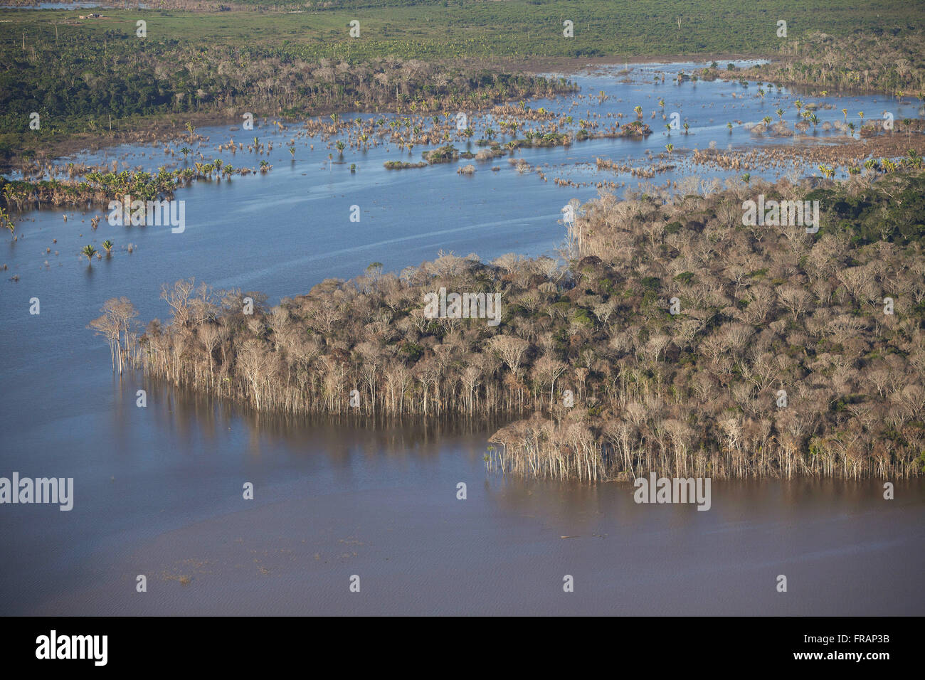 Luftaufnahme des überfluteten Amazonas-Regenwald - die Flut Wasserkraft Anlage Reservoir Jirau Stockfoto