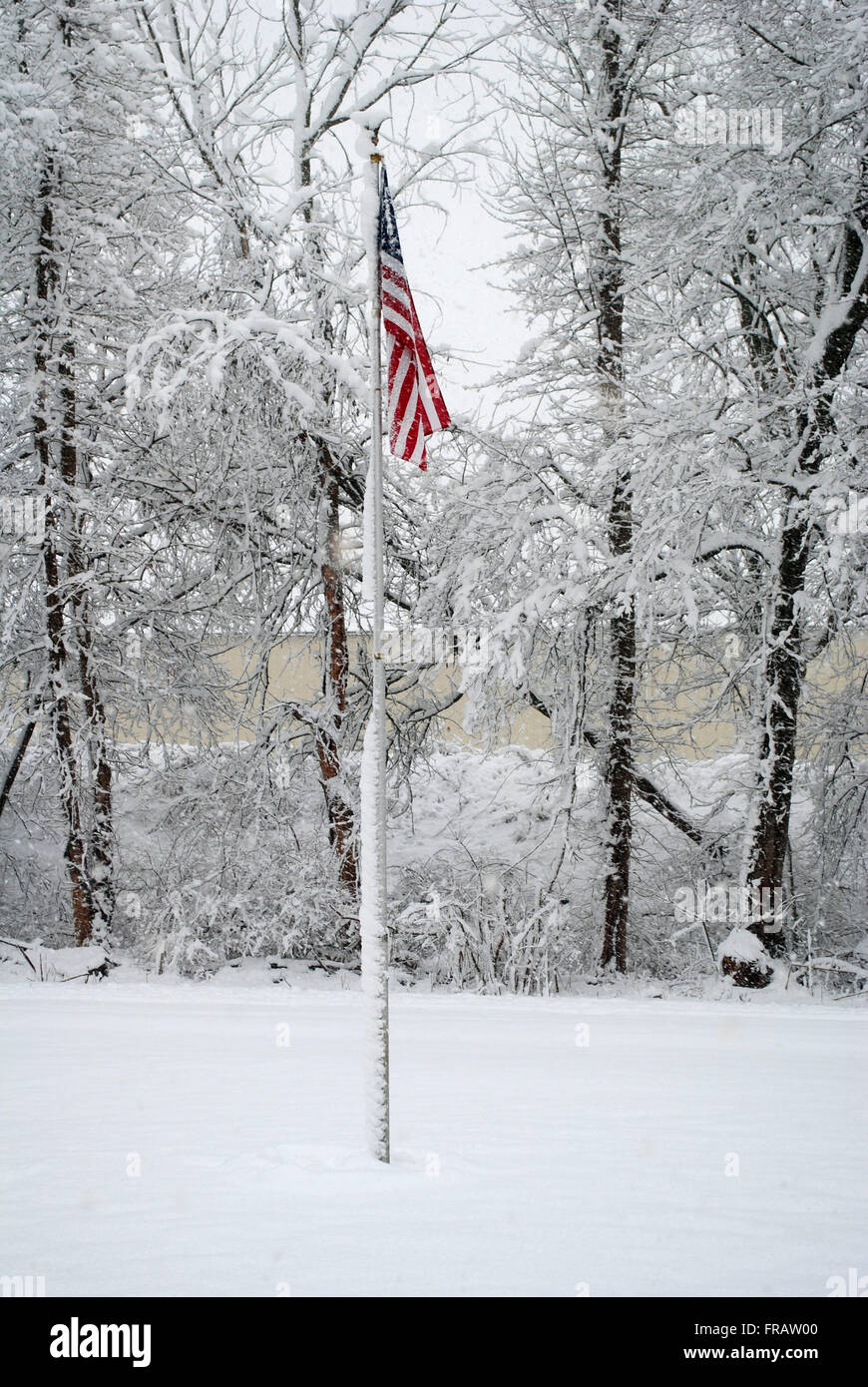 Mit einer amerikanischen Flagge schneit Stockfoto