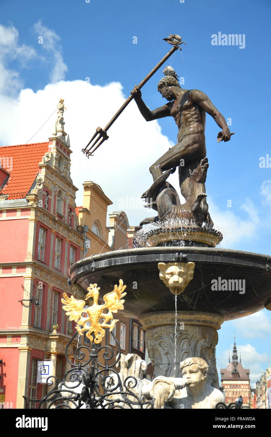 Der berühmte Brunnen von Neptun in der Altstadt von Danzig, Polen Stockfoto